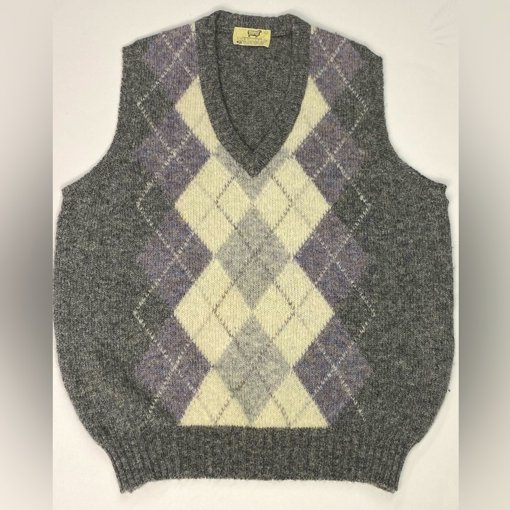 Lord Jeff Mens Large L Shetland Wool Gray Argyle V neck Sweater Vest Ireland